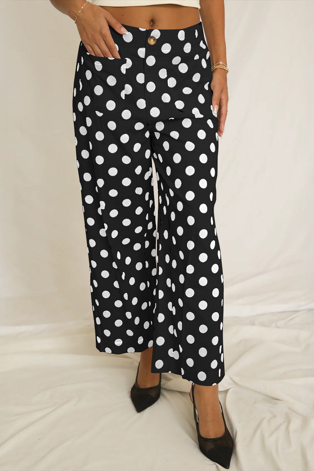 Sky Blue Polka Dot Print Patched Pocket Mid-rise Straight Leg Pants