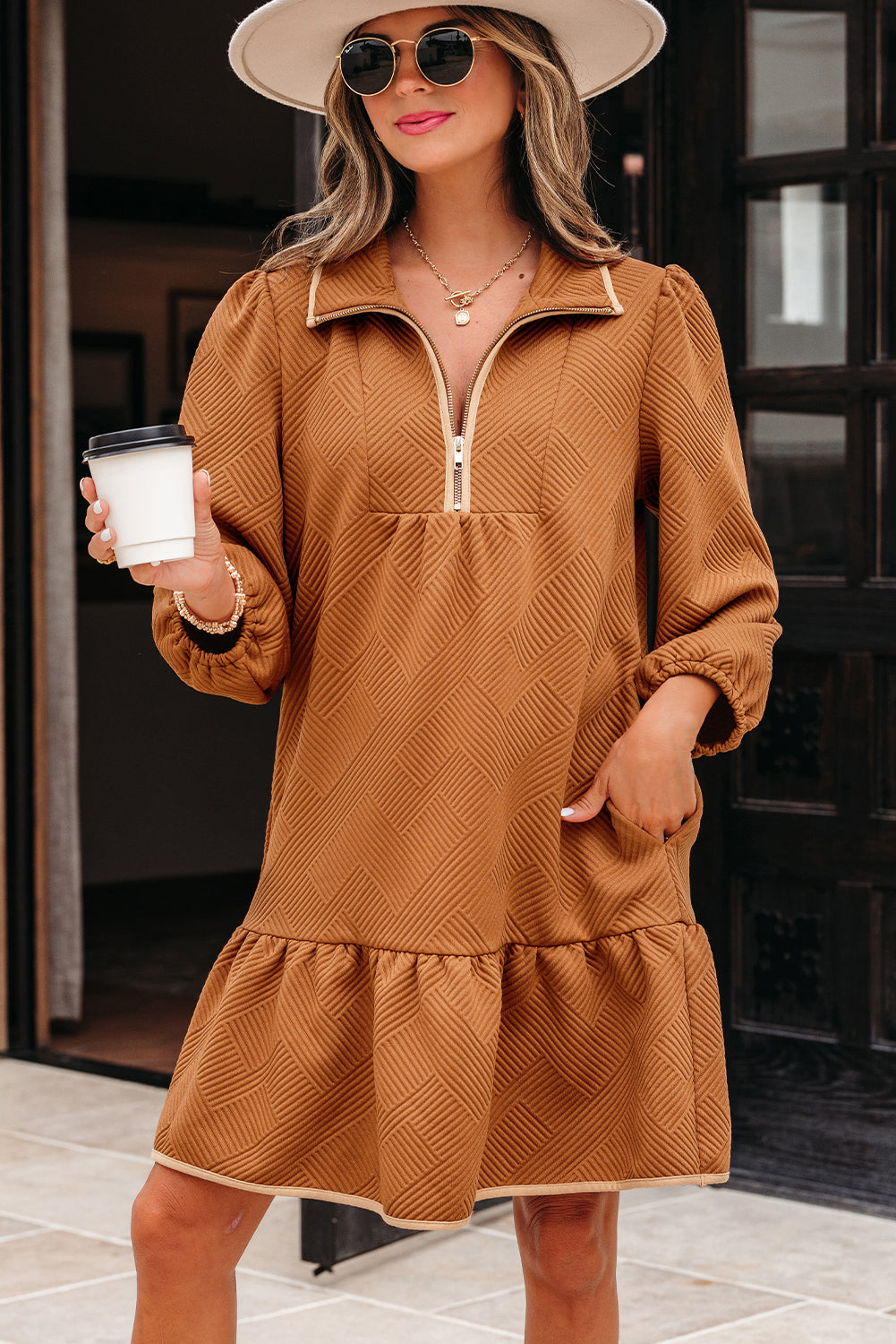 Desert Gold  Quarter Zip Collar Bracelet Sleeve Textured Mini Dress