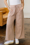 Smoke Gray Solid Color Mineral Wash Piping Trim Pocketed Wide Leg Pants