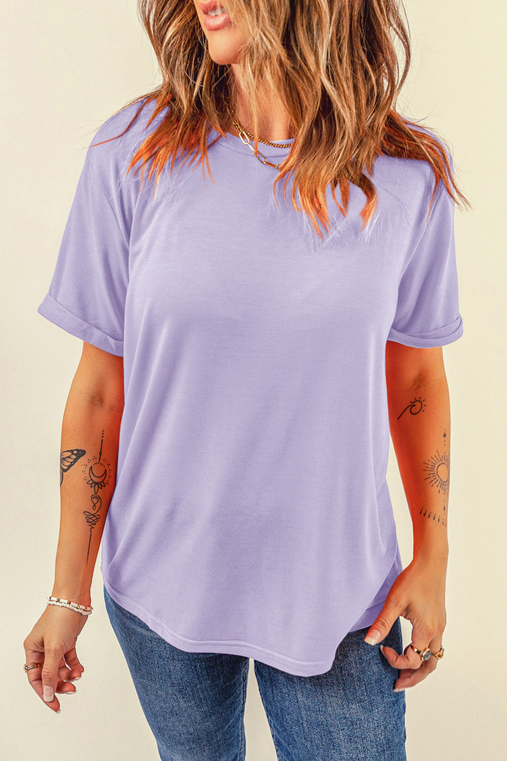 Sachet Pink Bright Casual Plain Crew Neck Tee