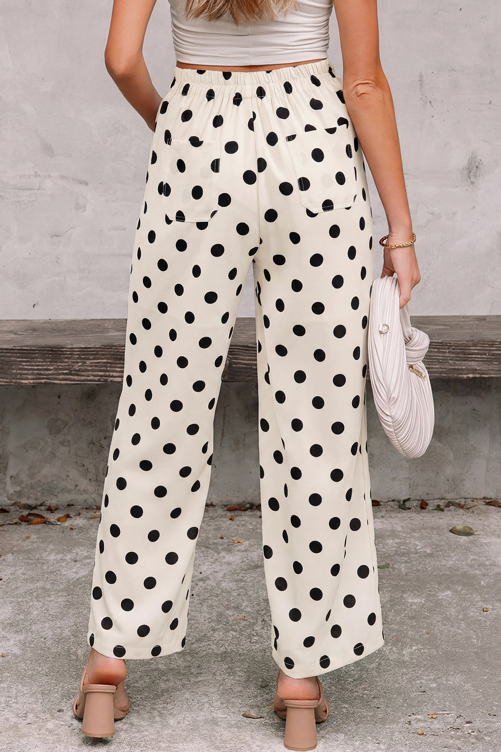 Sky Blue Polka Dot Print Patched Pocket Mid-rise Straight Leg Pants