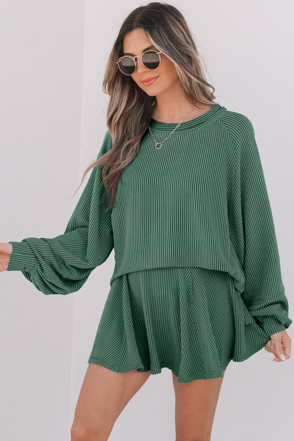 Sky Blue Corded Lantern Sleeve Top High Waist Ruffled Mini Skort Set