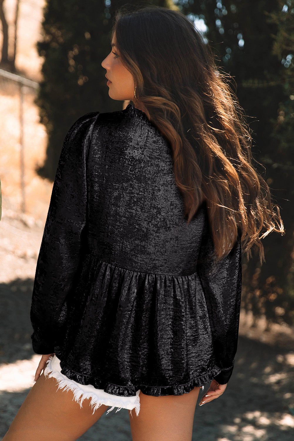 Dearlovers Gold Metallic Frilled V Neck Puff Sleeve Babydoll Blouse