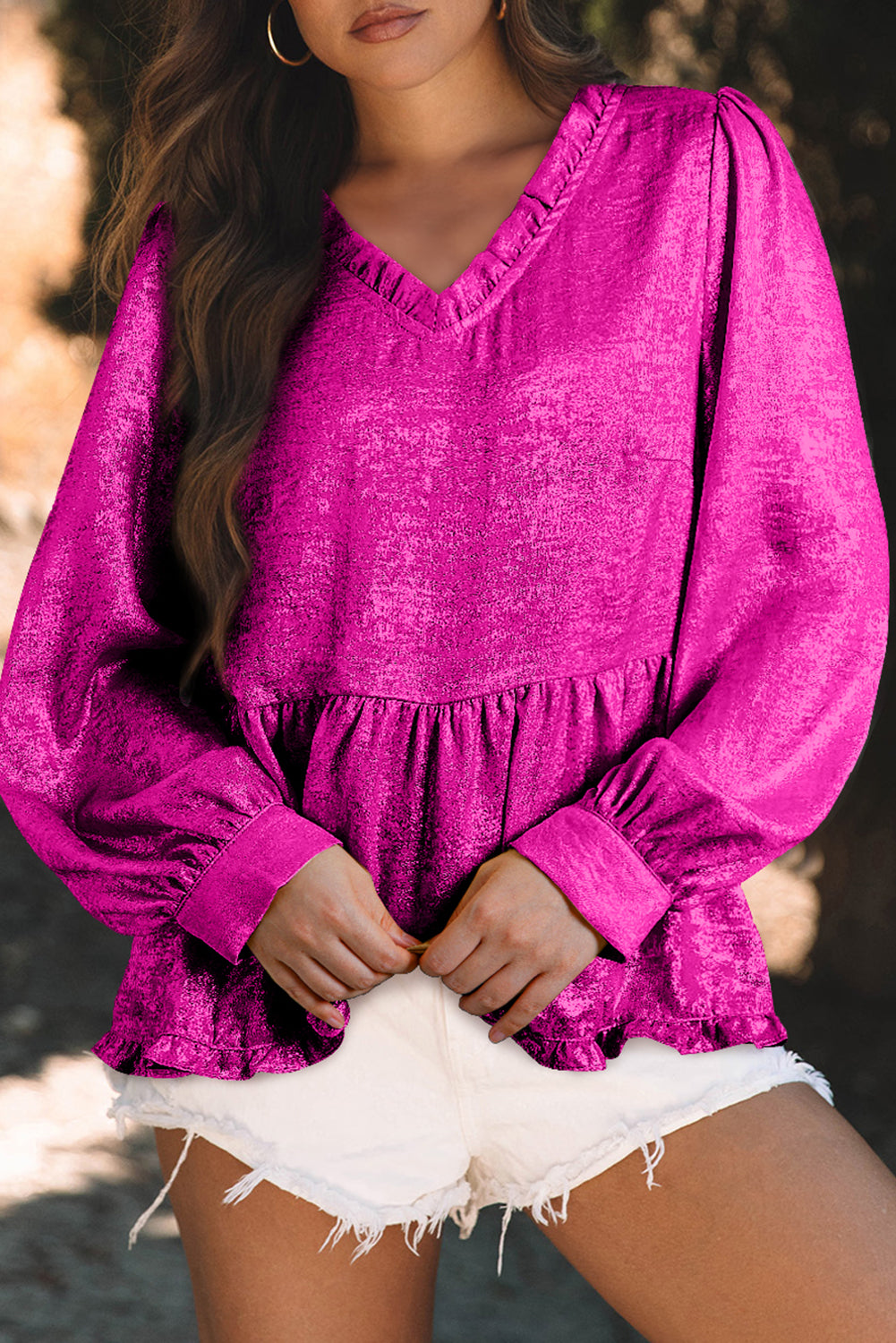 Dearlovers Gold Metallic Frilled V Neck Puff Sleeve Babydoll Blouse