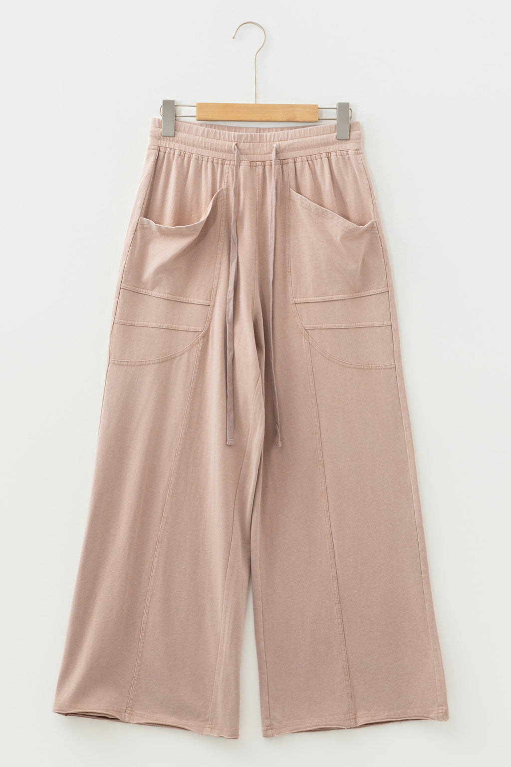 Smoke Gray Solid Color Mineral Wash Piping Trim Pocketed Wide Leg Pants