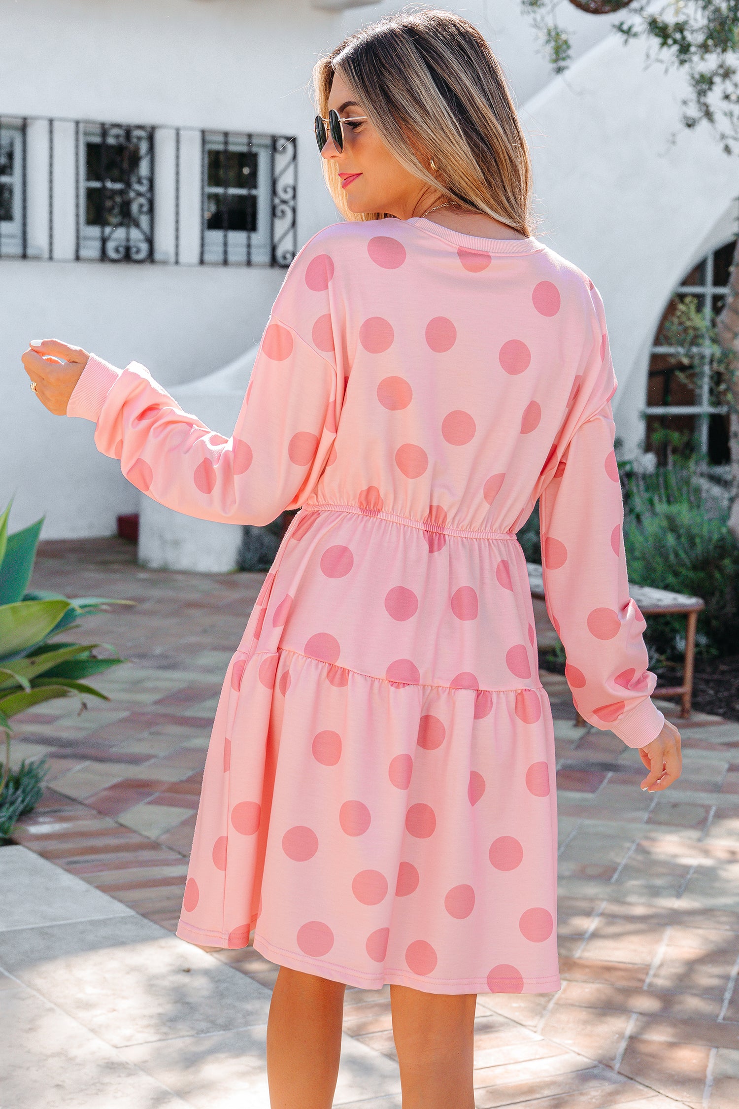 White Polka Dot Printed Long Sleeve Flared Mini Dress