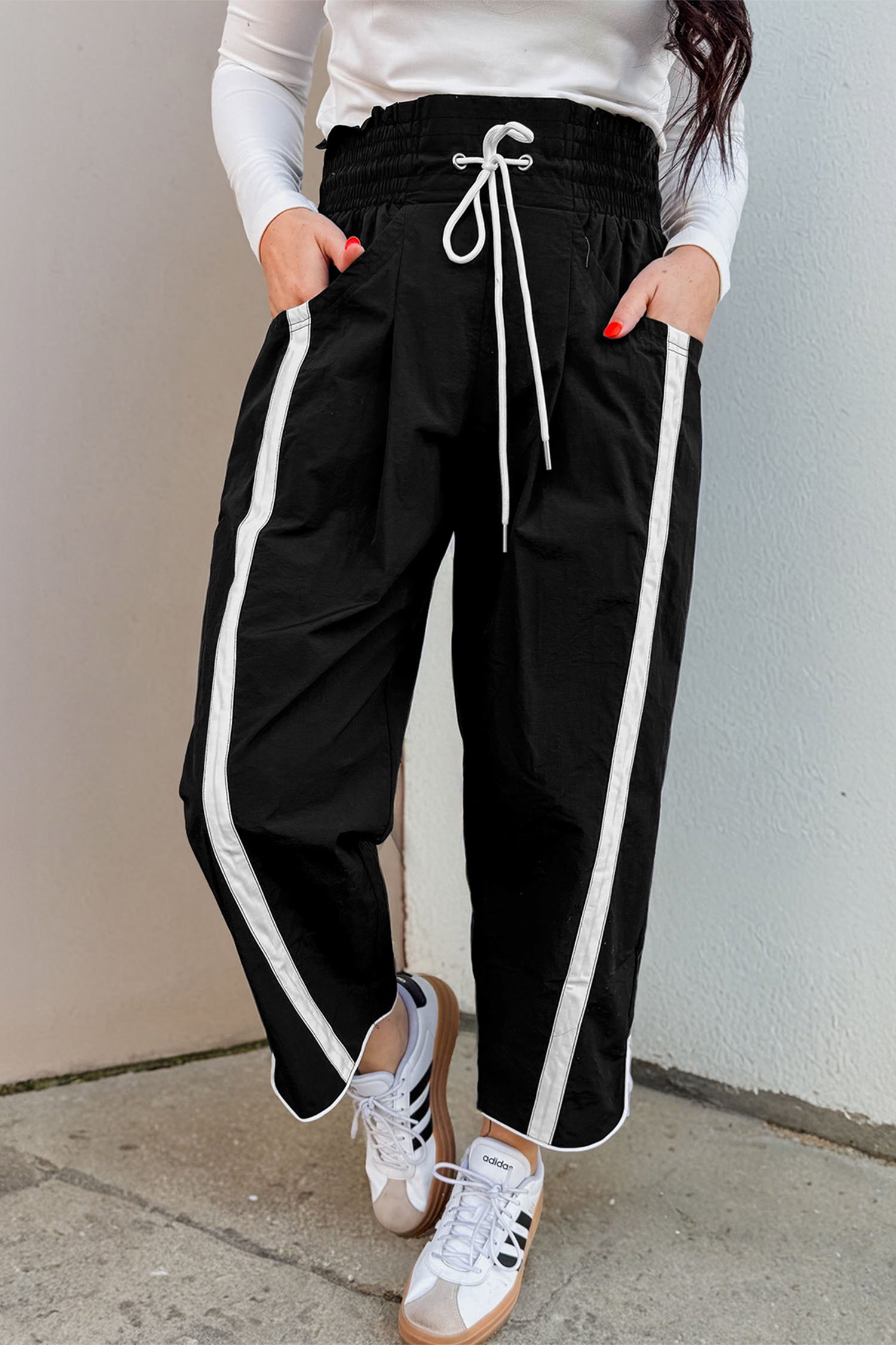 Dark Blue Contrast Striped Smocked Waist Drawstring Cropped Casual Pants